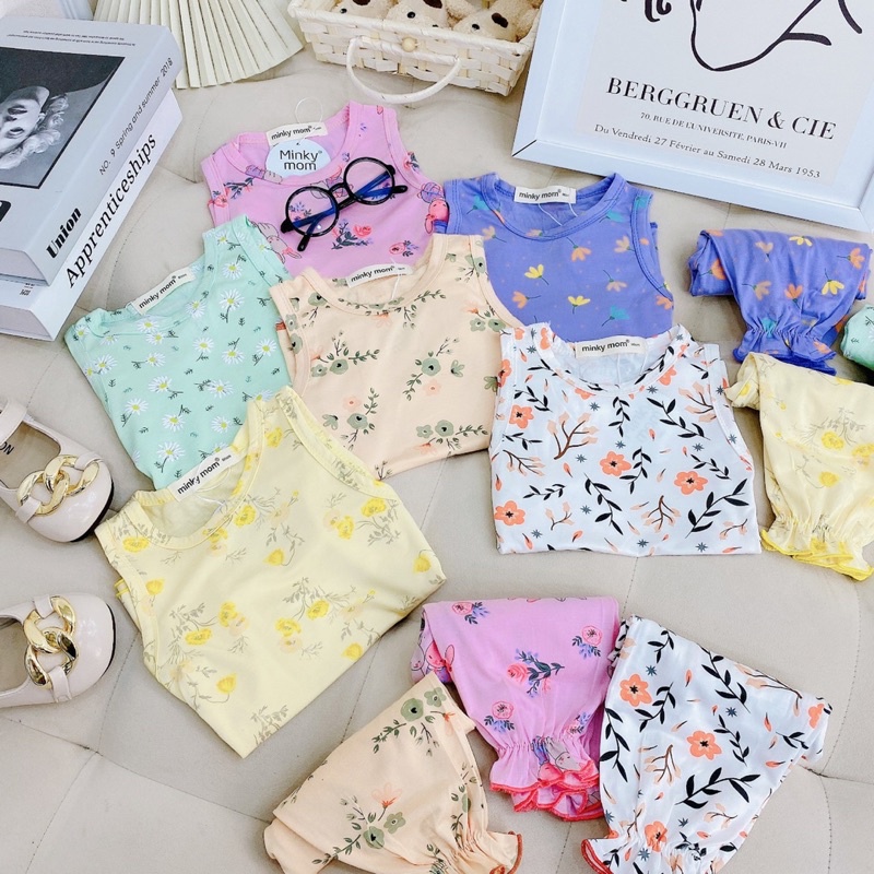 BL17 Bộ Ba Lỗ Quần Dài Bo Chun Thun Mát hoạ tiết Hoa cho bé Gái từ 8kg đến 18kg