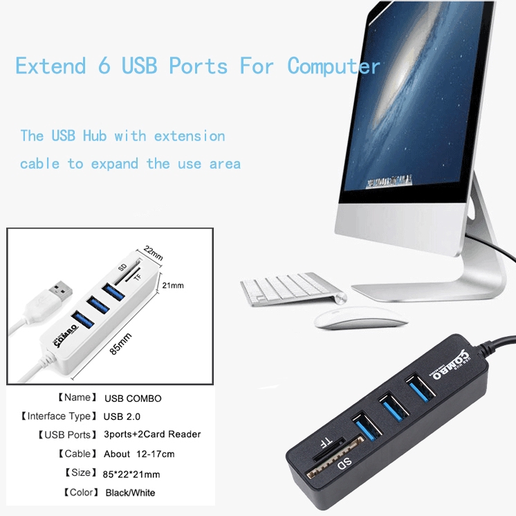 Thiết bị chia 3 cổng USB 2.0 kiêm đầu đọc thẻ nhớ TF SD tiện lợi