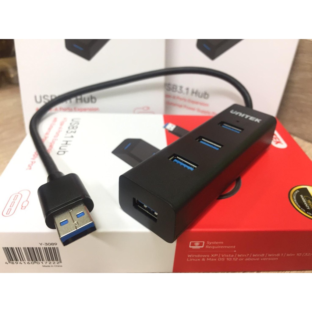 Hub chia USB 4 cổng chuẩn 3.0 Unitek Y-3089 tích hơp chức năng sạc - Hỗ trợ truyền data lên đến 5Gbps (Đen)