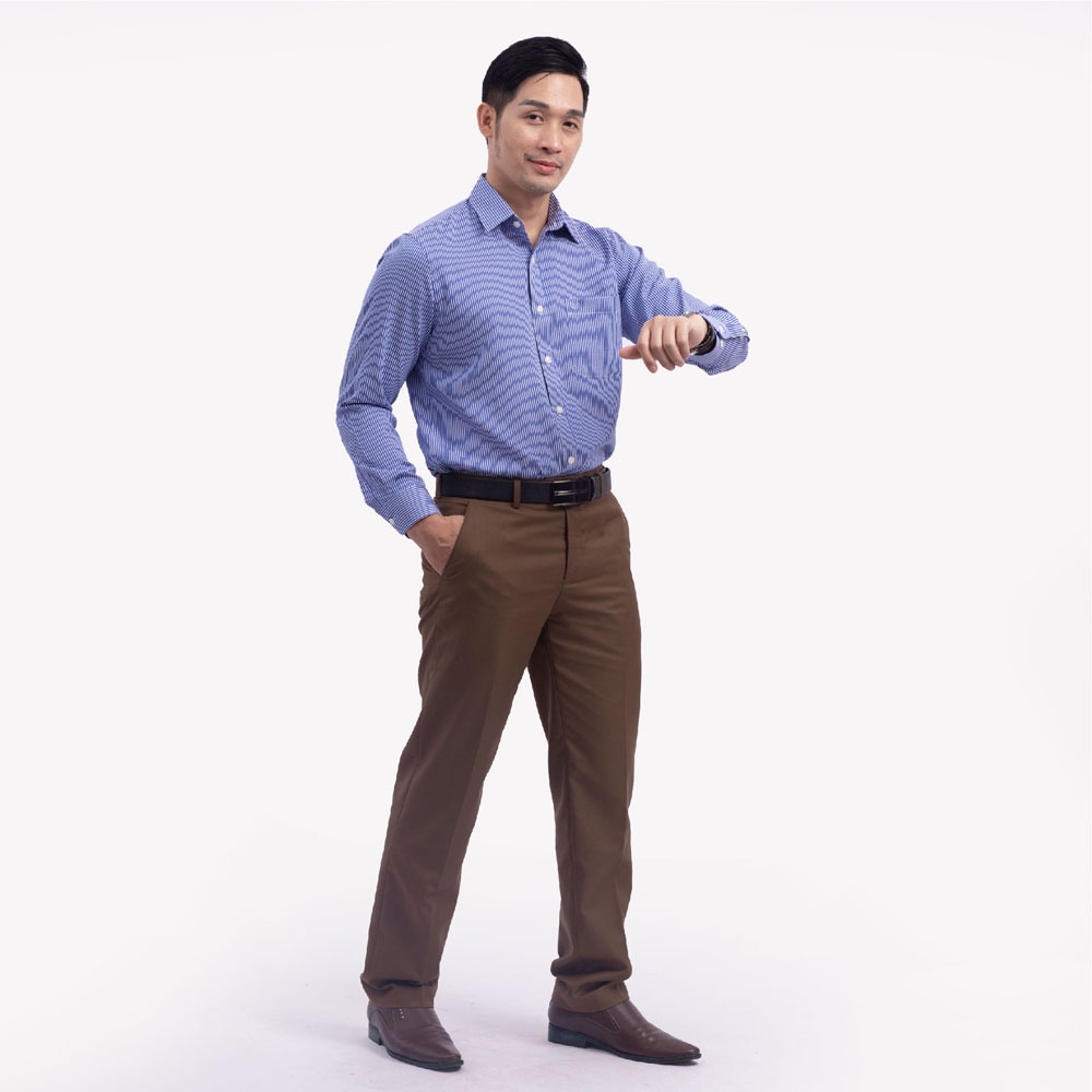 Combo Áo Sơ Mi Nam Dài Tay Xanh Kẻ Và Quần Âu Tuytsi Nâu Trung Niên ANCHI Cao Cấp