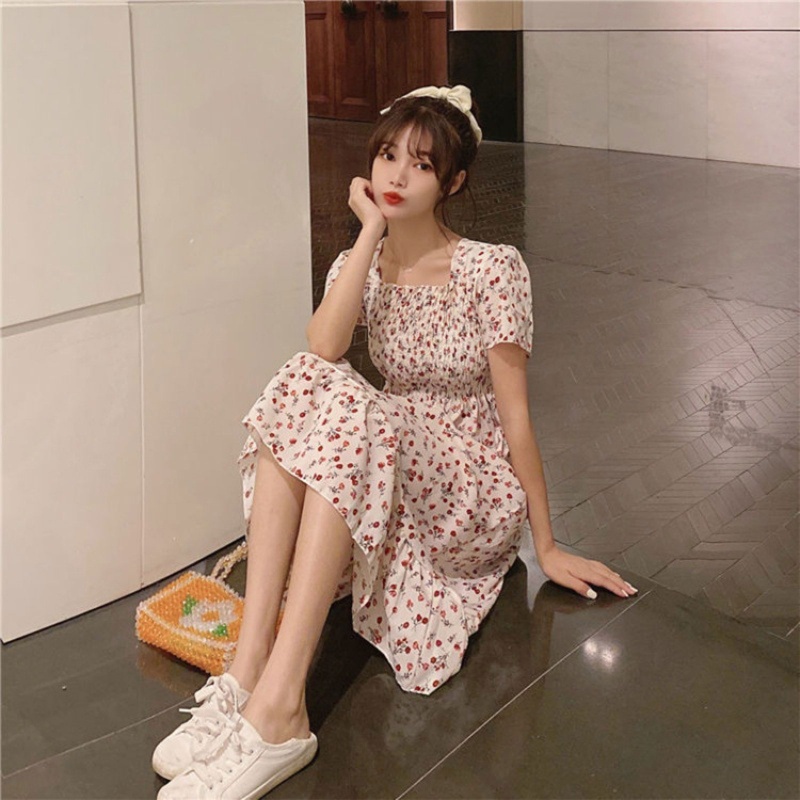 Đầm Midi Dài Dáng Chữ A Tay Ngắn Loe Cổ Vuông In Hoa Cài Nút Thời Trang Cho Nữ