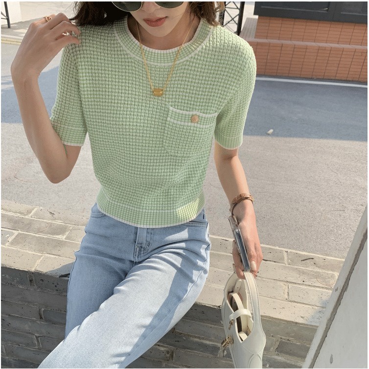 Áo Thun Dệt Kim Tay Ngắn Dáng Ôm Đơn Giản Phong Cách Hàn Quốc Cho Nữ