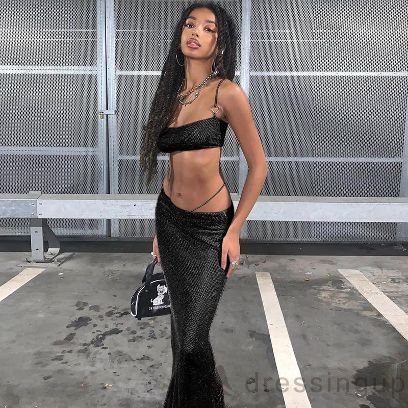 Bộ Áo Ống Không Tay Màu Trơn + Chân Váy Dài Co Giãn Dễ Phối Đồ Cho Nữ