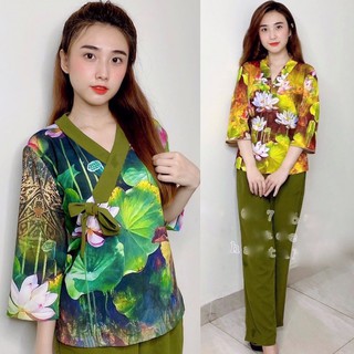 Đồ Lam Đi Chùa # Tim Nơ Vải Đũi In 3D # Đồ Bộ Nữ # Quần Áo