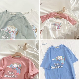 Áo thun nữ form rộng tay lỡ unisex nam nữ đều mặc được in chữ Milk và hoạt hình giá rẻ