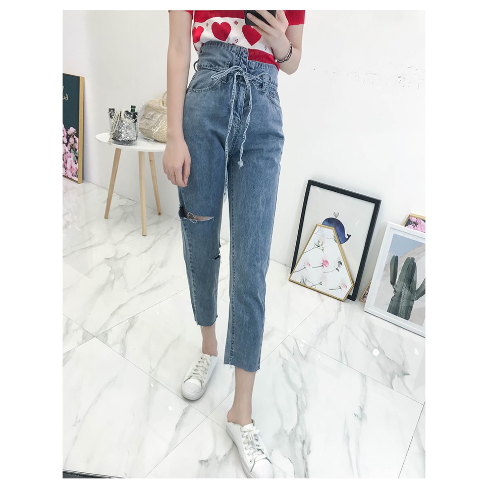 QUẦN JEANS CẠP CAO ĐAN DÂY ULZZANG