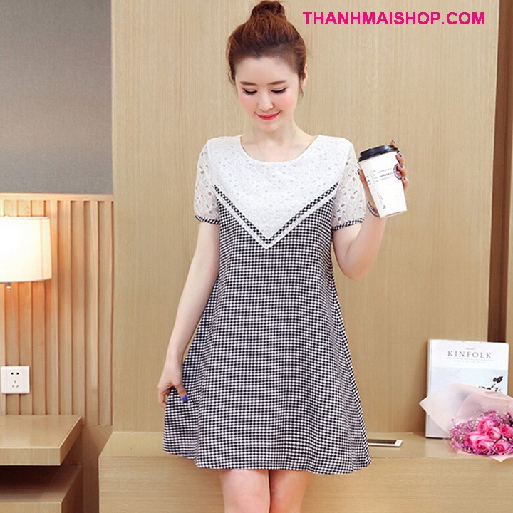 Đầm suông rộng QA187 cổ tròn caro đen phối ren hoa thời trang