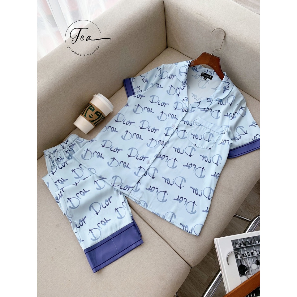 Bộ mặc nhà Pyjama chất lụa Tea Store áo cộc quần dài họa tiết D!or