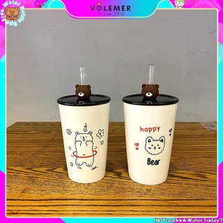 Cốc uống cà phê bằng sứ dung tích lớn có nắp đậy kèm ống hút thiết kế sáng tạo dễ thương cho học sinh