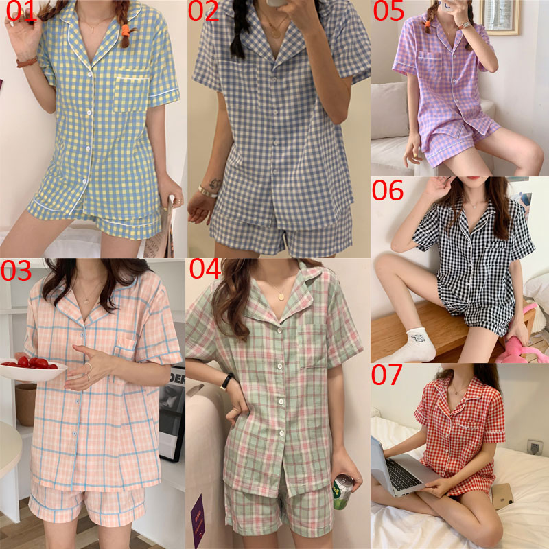 Bộ Đồ Ngủ Cotton Ngắn Tay Họa Tiết Caro Phong Cách Hàn Quốc Cho Nữ | BigBuy360 - bigbuy360.vn