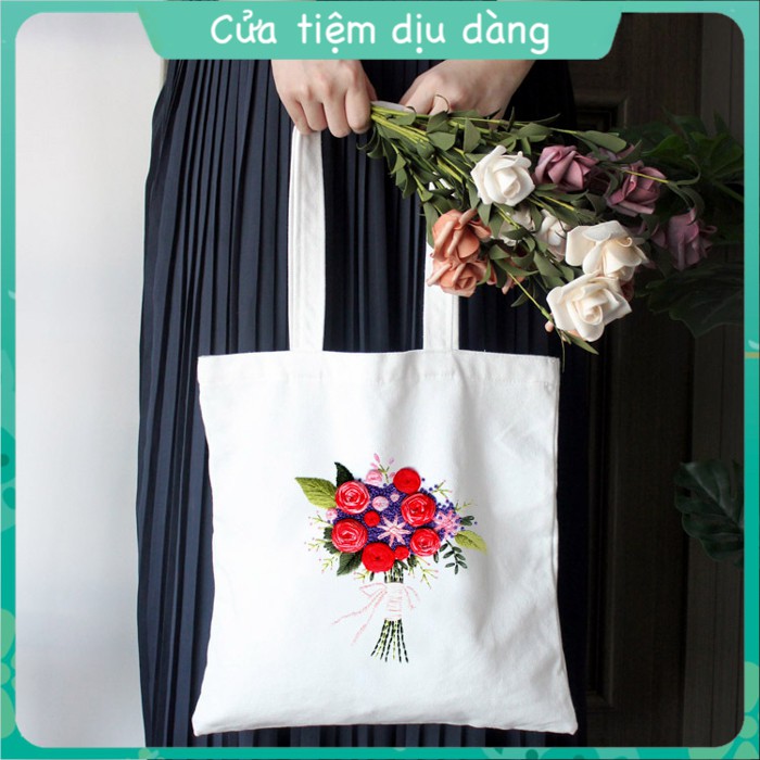 Bộ kit tập thêu túi vải tote nữ Canvas trơn trắng có khóa kéo - Mẫu Hoa Lá (tự làm)