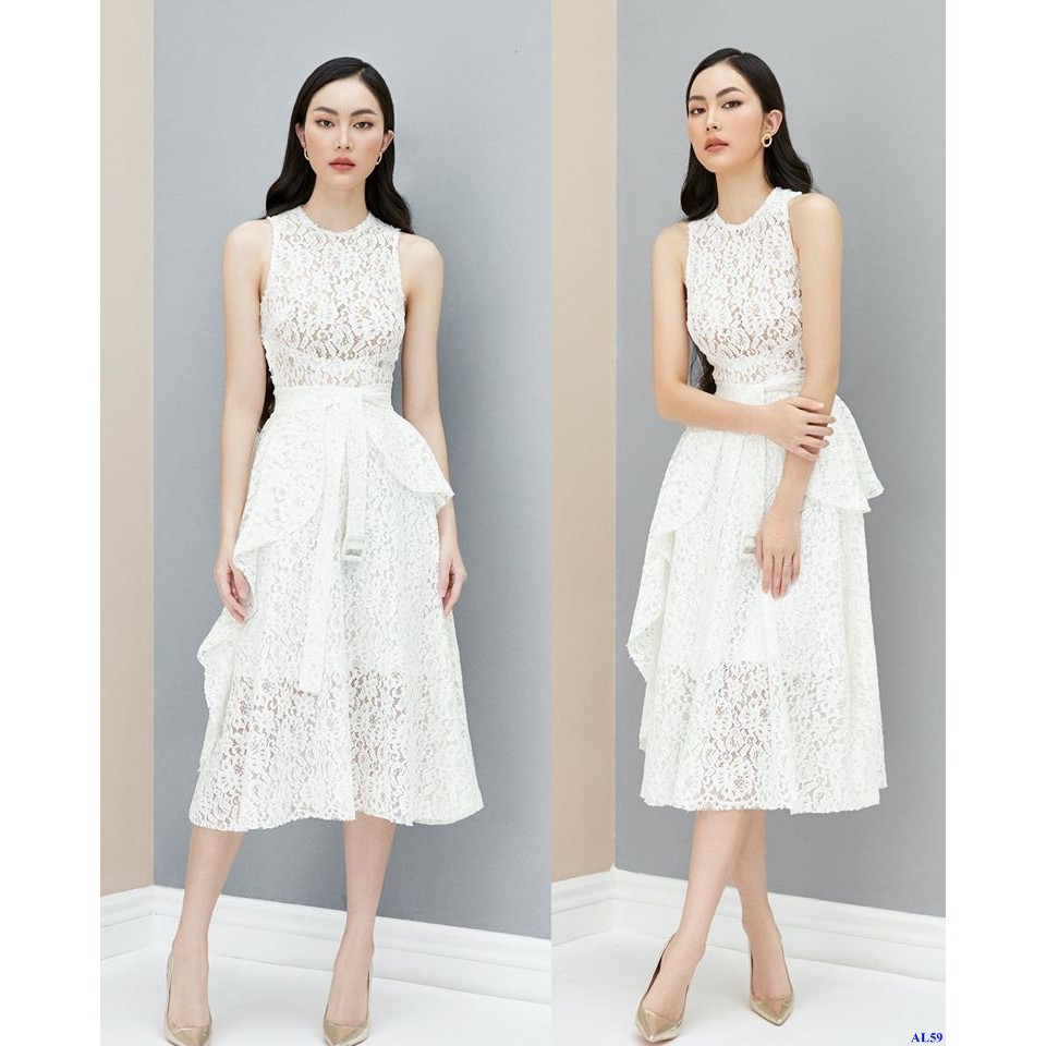 Đầm Xòe Ren Trắng Sát Nách Phối Bèo Sang Trọng