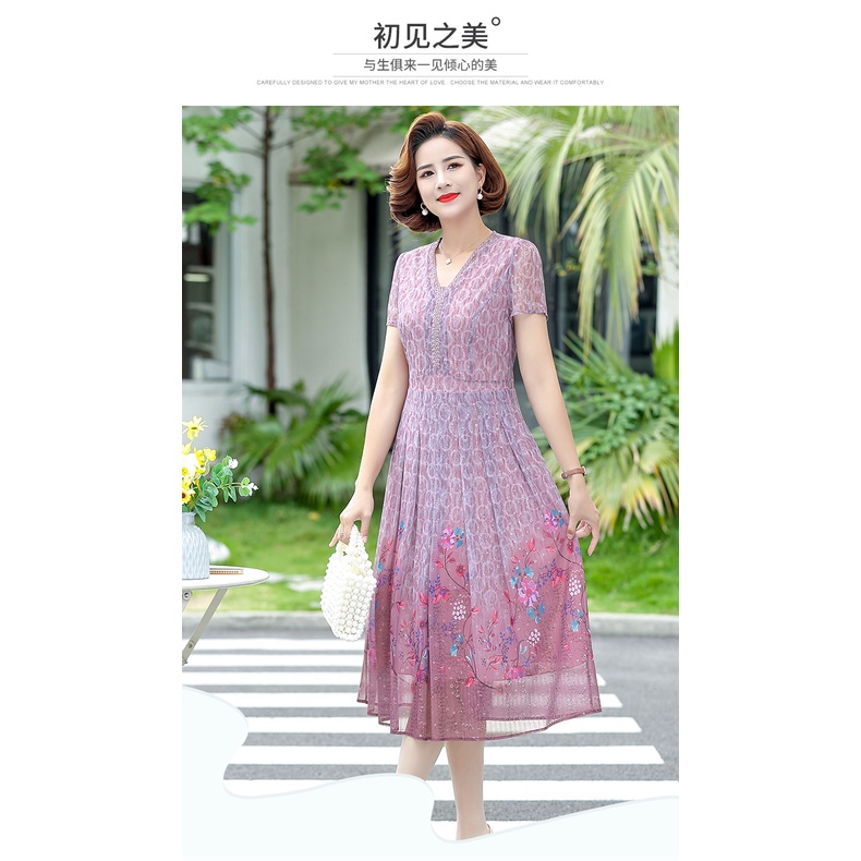 Đầm Dài Qua Gối Tay Ngắn Vải Voan in Họa Tiết Hoa Phong Cách Phương Tây Dành Cho Nữ Trung Niên