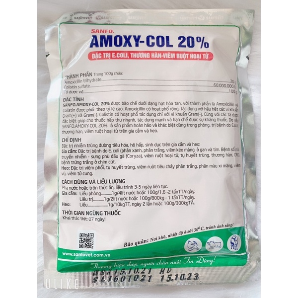 Amoxy-col 20% 100g - ecoli, th.ương hàn, v.iêm r.uột...trên gia cầm, gia súc
