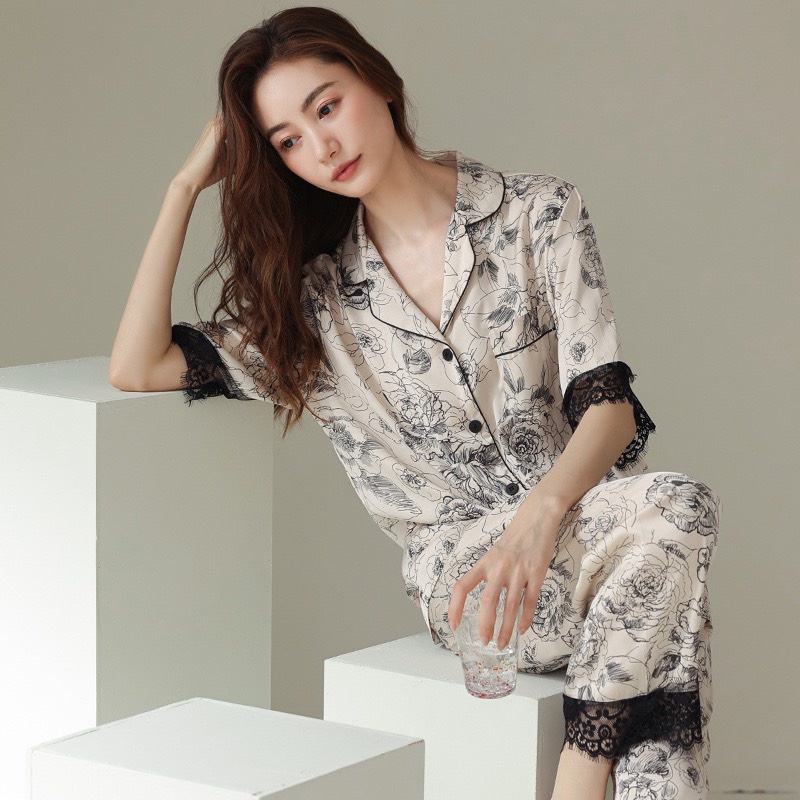 ANF8267 Bộ pyjama nữ ngắn tay phối ren chất lụa hàng nhập