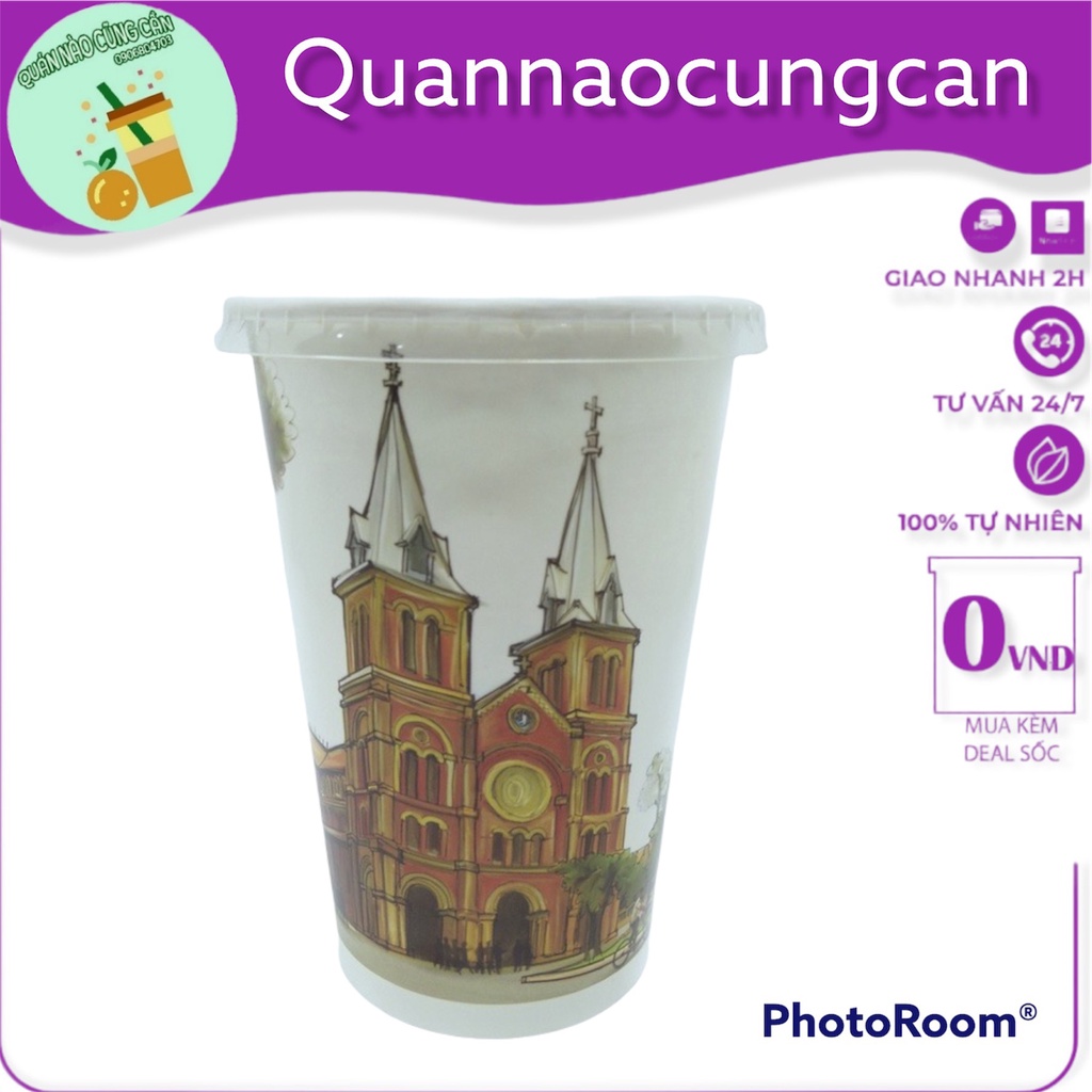 Combo 50-Ly giấy, cốc cafe dùng một lần 22oz ~ 600ml tráng PE cao cấp, có nắp, hình in sắc nét- Quán nào cũng cần