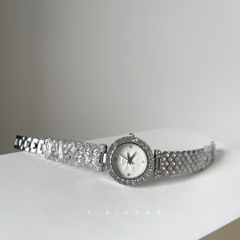 Đồng hồ nữ dây kim loại GS28mm full đá sang trọng mặt trắng màu bạc