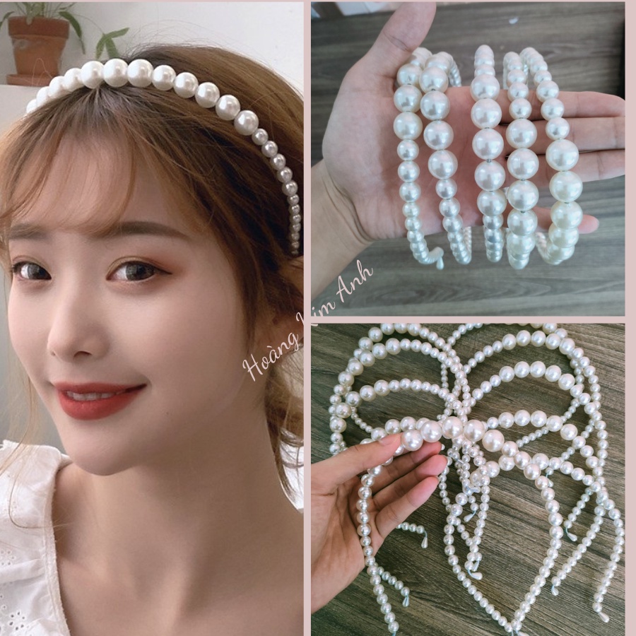 Băng đô bờm cài tóc mấn đính hạt ngọc trai nhân tạo phong cách Hàn Quốc kết hợp áo dài cách tân truyền thống đẹp