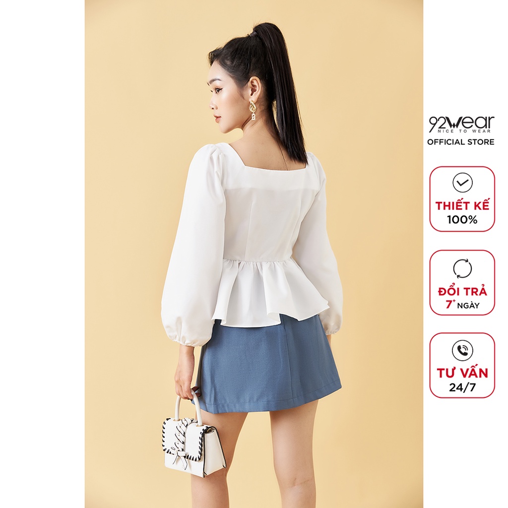 Áo sơ mi kiểu nữ babydoll 92WEAR, thiết kế tay bồng trẻ trung, vải tafta cao cấp ASA1622