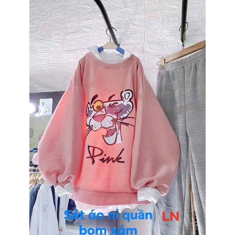 RẺ VÔ ĐỊCH Sét áo nỉ mèo pink +quần bom xám LN11