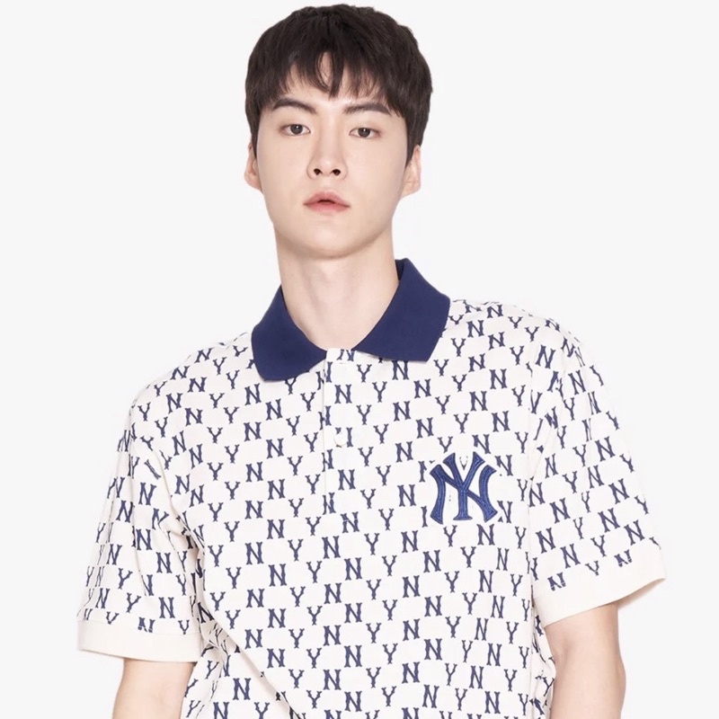 Áo Polo MLB Monogram Trắng Logo Xanh Navy Siêu Xịn