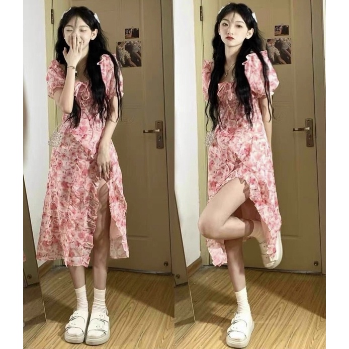 ĐẦM MIDI HOA XẺ ĐÙI LỆCH TÀ XÉO