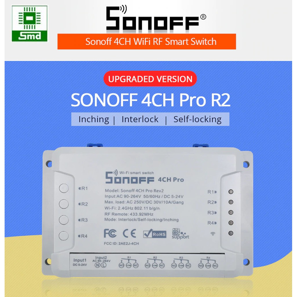 Công tắc thông minh SONOFF 4CH PRO R2/R3 điều khiển từ xa qua WiFi và RF 4 kênh