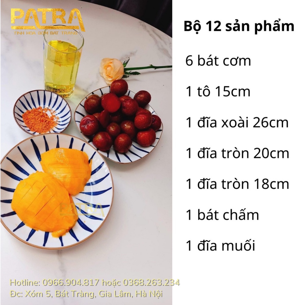 Bộ bát đĩa sứ Bát Tràng, bộ chén dĩa họa tiết lá trúc dài cao cấp 12 chi tiết, có bán các món lẻ