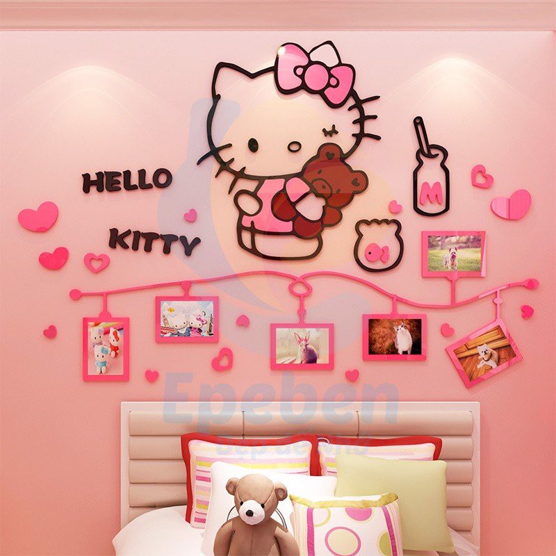 Tranh Dán Tường Mica 3D Hello Kitty Trang Trí Phòng Ngủ Cho Bé Gái