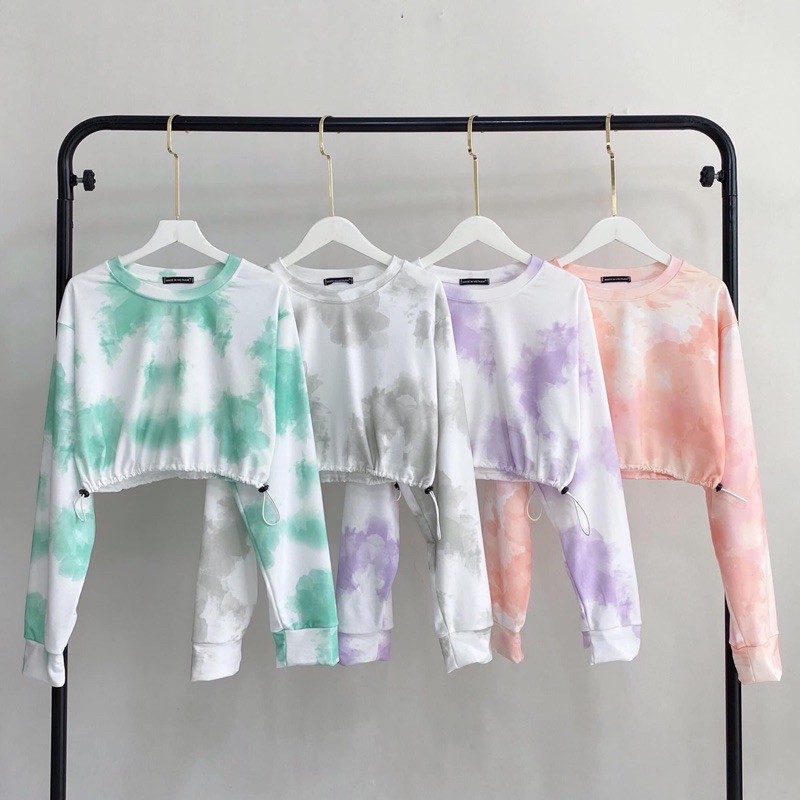 Áo Croptop Dây Rút Loang Tay Dài Ảnh Thật