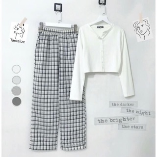 Set áo croptop trơn tay dài + quần dài sọc caro hot hit ulzzang