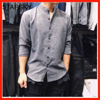 Áo Sơ Mi Nam Dài Tay Cổ Tàu - Cổ Trụ Màu Xám Tiêu Sáng - Chất Đũi Cao Cấp