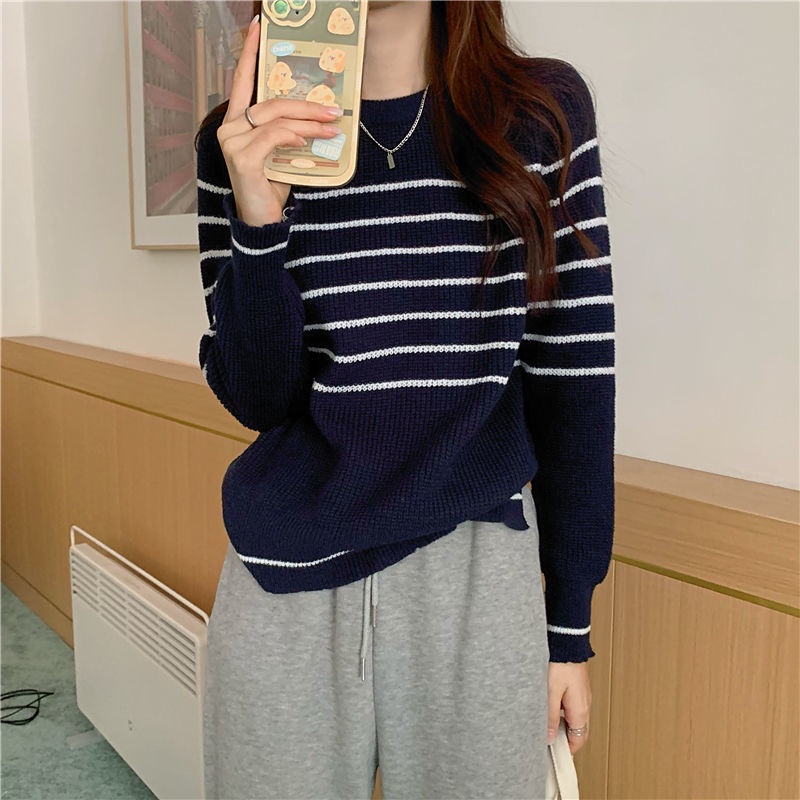 Áo Len Dài Tay Dáng Rộng Họa Tiết Kẻ Sọc Phong Cách Lười Biếng Mới