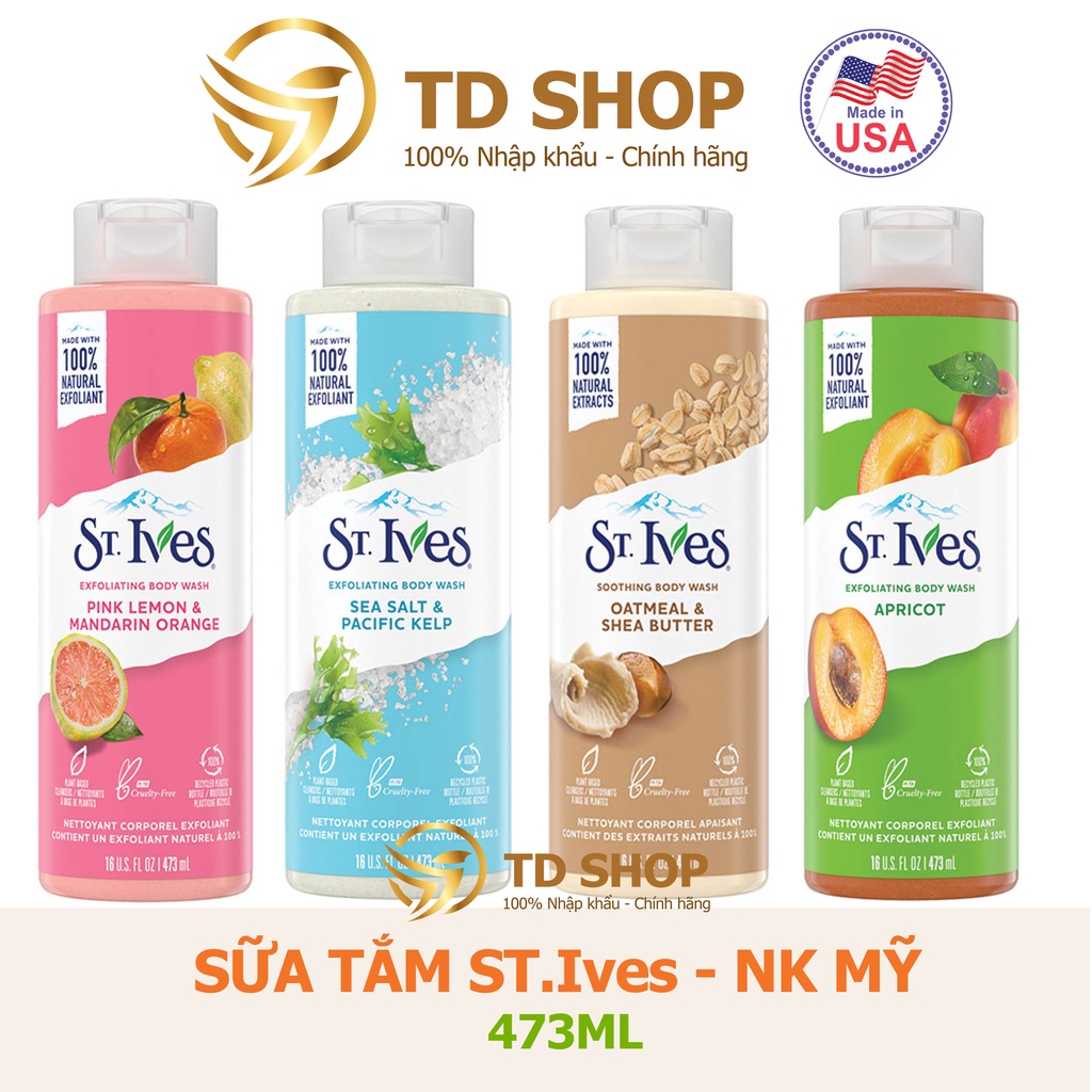 [NK Mỹ] Sữa tắm St.Ives 473ml Muối biển I Cam chanh I Yến mạch I Hương mơ tẩy tế bào chết nhập khẩu Mỹ - TD