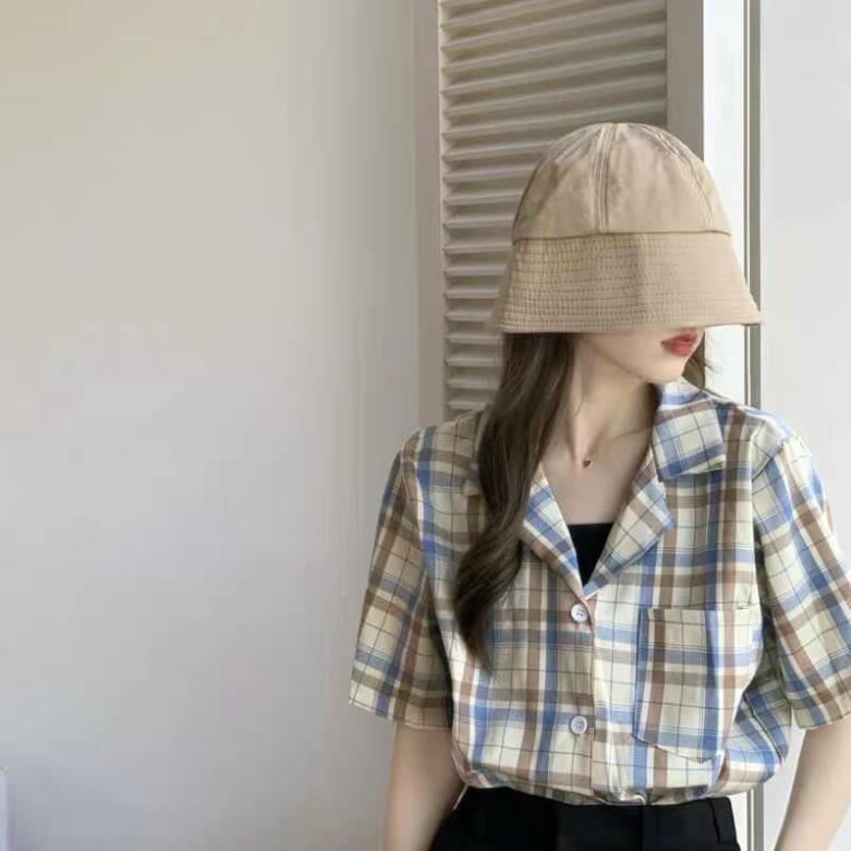 Áo sơ mi tay lỡ kẻ caro hot trend form rộng kiểu dán chất đẹp mặc siêu mát basic oversize mặc cùng chân váy siêu đẹp ་