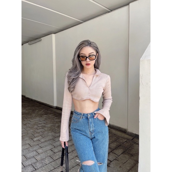 Áo croptop nữ body dài tay TOPTIFY cổ polo hai nút viền ngực Shelby Top | BigBuy360 - bigbuy360.vn