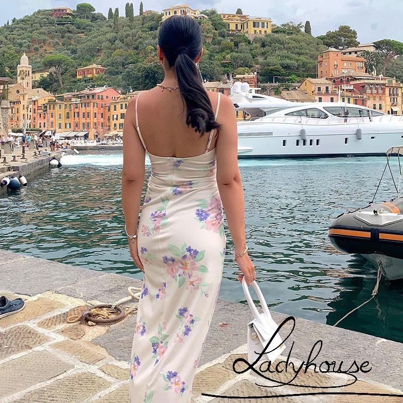 Ldd-đầm Dài Hai Dây Rút Eo Cao Xẻ Tà Cao In Họa Tiết Hoa Cho Nữ