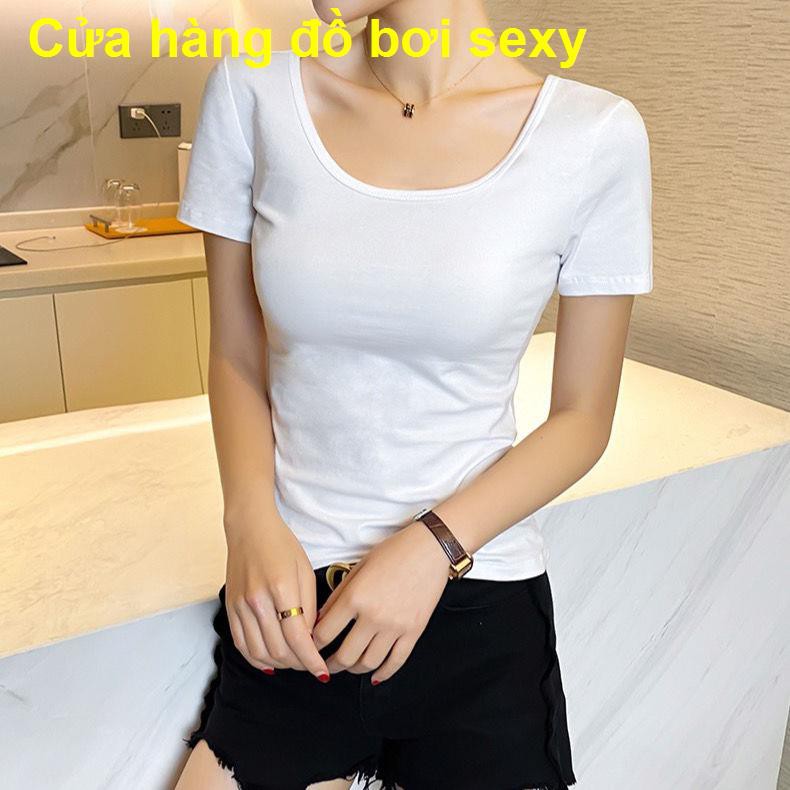 Phiên bản mùa hè Hàn Quốc màu trắng t Kiểu dáng ngắn tay nữ áo sơ mi cotton đáy chữ U dây mỏng giảm béo sexy t