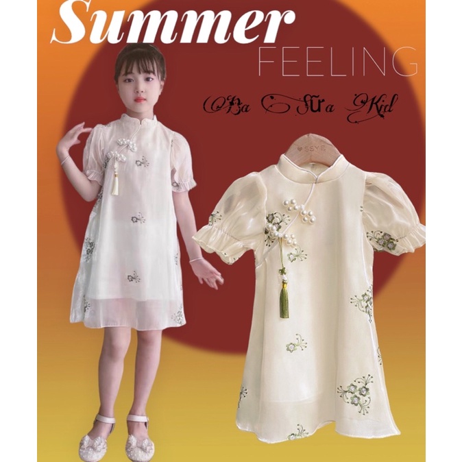 (V157) Đầm sườn xám cách tân phối váy xòe phong cách Trung Hoa đáng yêu cho bé gái . Hàng Quảng Châu Cao Cấp