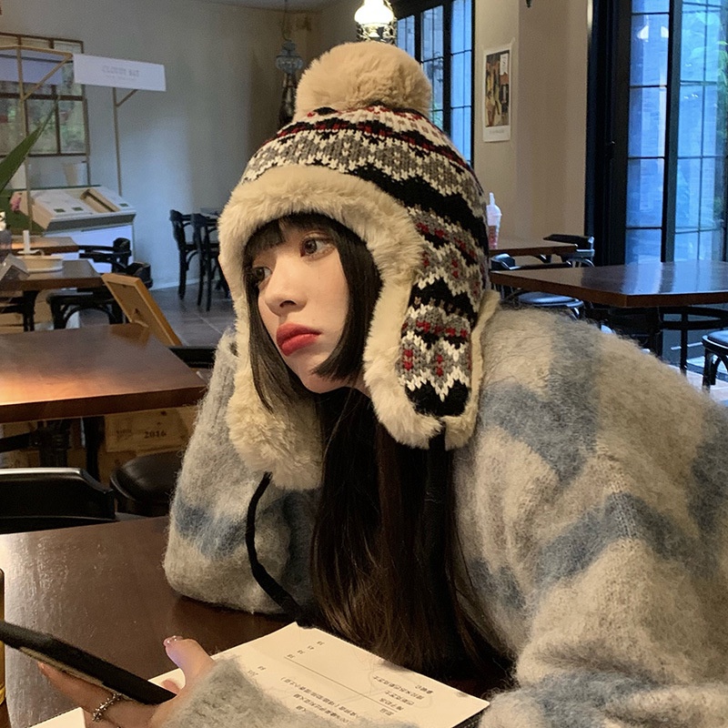 Mũ Len Dày Dặn Giữ Ấm Tai Chống Lạnh Phong Cách Hàn Quốc Cho Nữ