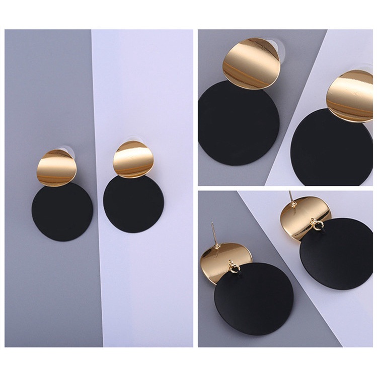 Khuyên tai kim loại màu vàng đen hình tròn độc đáo thời trang cho nữ