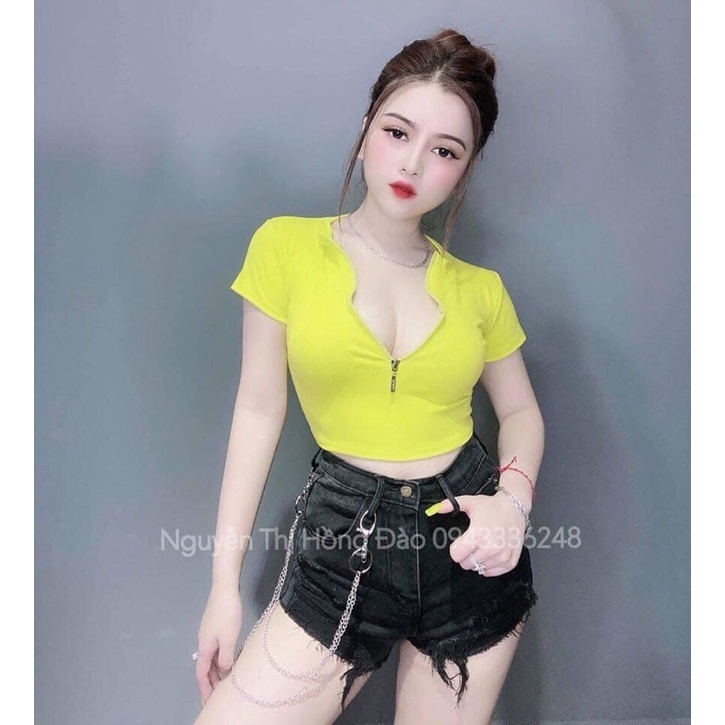 Áo croptop tay ngắn khoá kéo thun porip sịn sò
