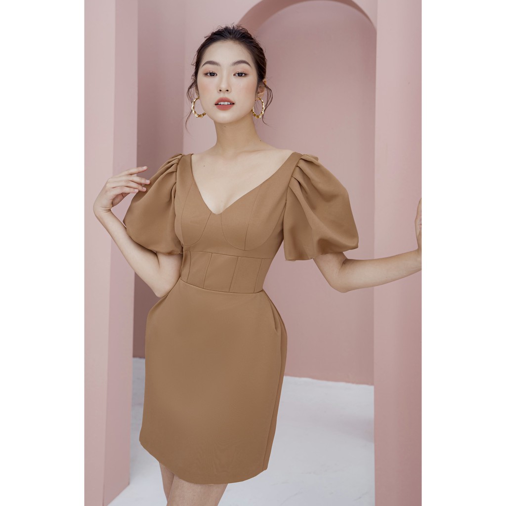 MOLLYNISTA - Đầm Bobbie nâu tay phồng xếp bí | BigBuy360 - bigbuy360.vn
