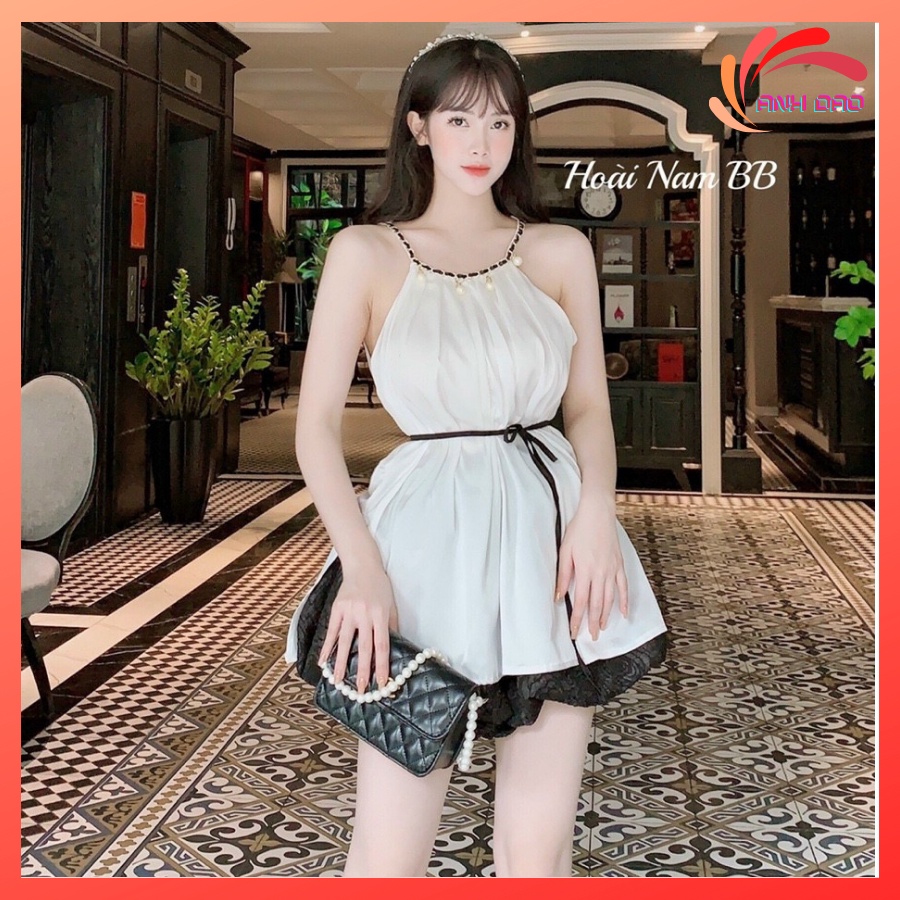 Set yếm lụa phối short bồng gấm xốp kèm đai cột eo đi chơi đi tiệc V00501 màu trắng AĐ BOUTIQUE