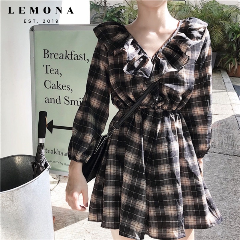 Jumsuit Váy Áo Liền Quần Kẻ Sọc Caro Bèo Nữ Tính Phong Cách Nữ Tính Idol Hàn Quốc