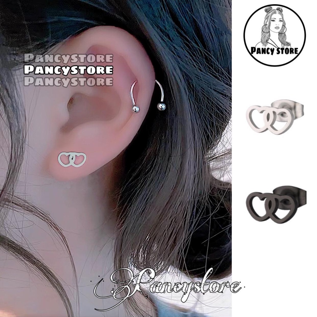 bông tai khuyên tai trái tim double heart earring titan Unisex
