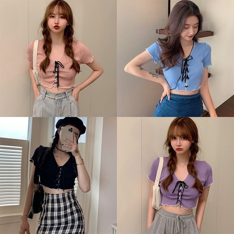 Áo dệt kim dáng ngắn eo cao tay ngắn cổ chữ V phối dây buộc trẻ trung cho nữ | BigBuy360 - bigbuy360.vn