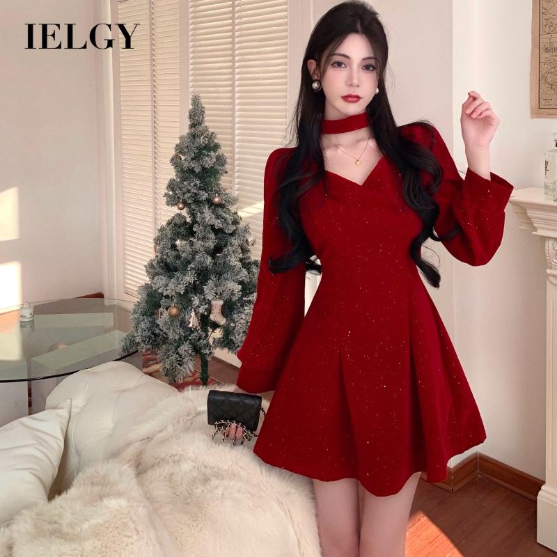 IELGY Đầm Nhung Chữ A Tay Dài Lưng Cao Lấp Lánh Thời Trang Giáng Sinh Cho Nữ