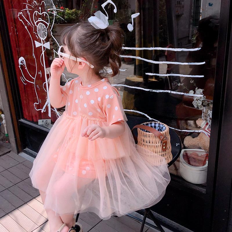 Đầm Công Chúa Tay Ngắn Phối Lưới Chấm Bi Thời Trang Mùa Hè Hàn Quốc Mới Cho Bé Gái