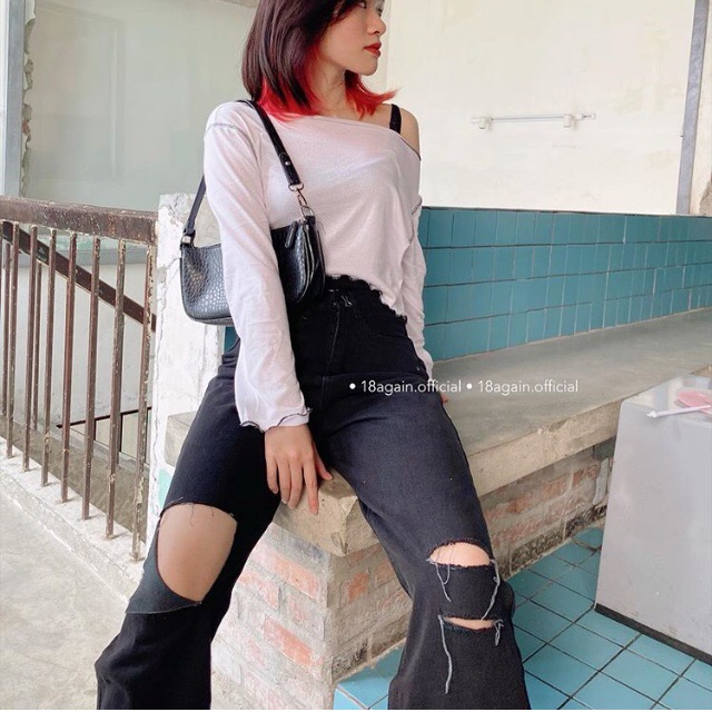 Quần Dài Jeans Suông 105cm Lưng Cao Qua Rốn BigSize / ĐEN RÁCH Gối 2-Và 1 Gối L Không Giãn
